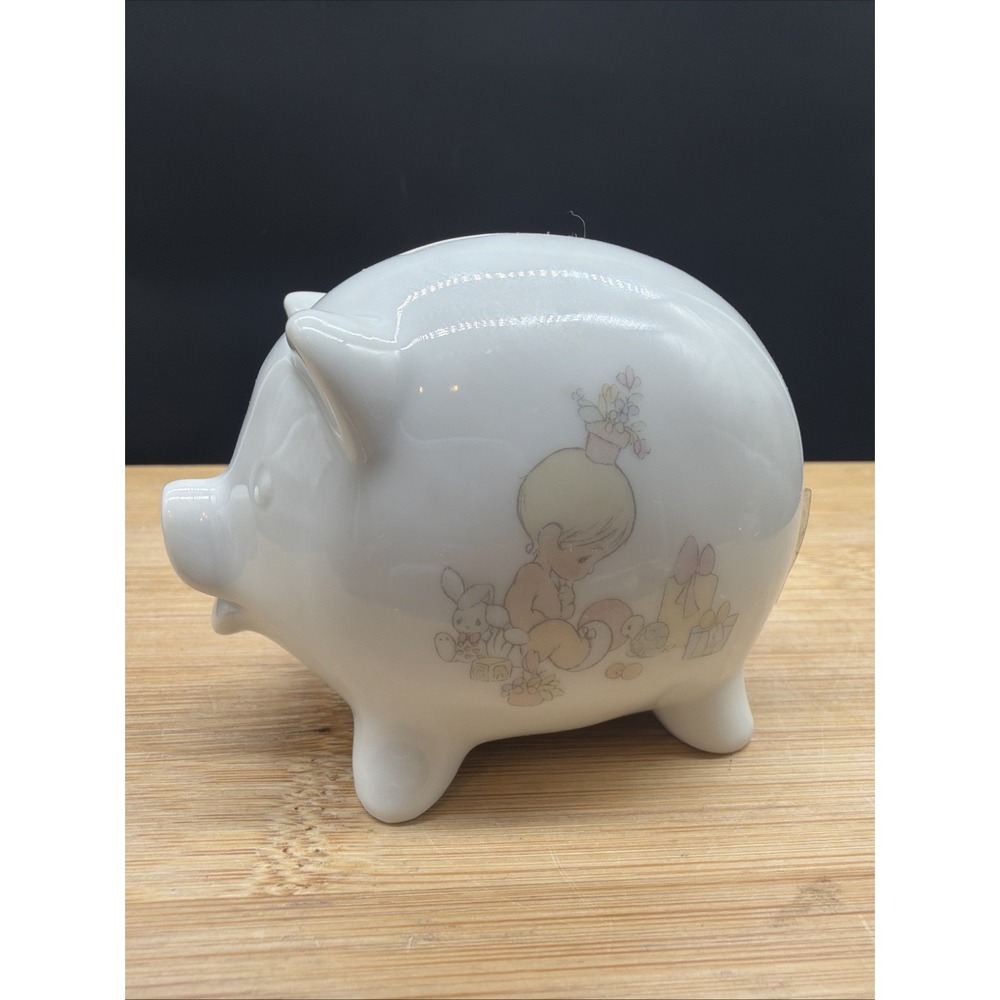 Vtg 1983 Precious Moments Mini Piggy Bank w/ Girl And Presents pictured on side